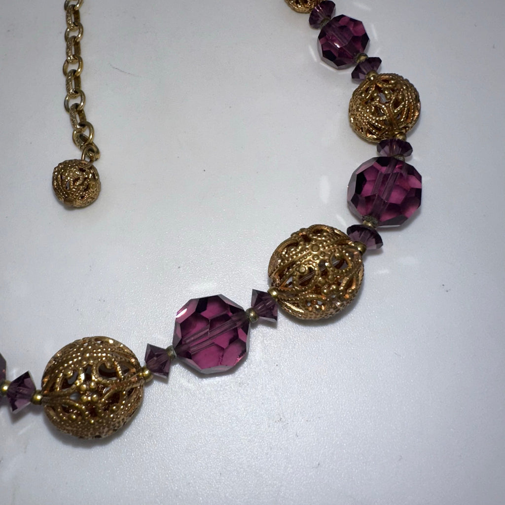 1950s vintage purple glass beads gold tone filigree graduated necklace