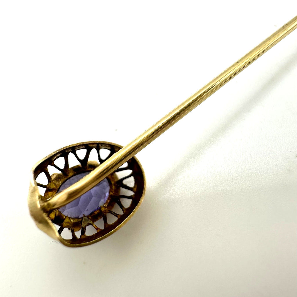 Antique Victorian solid 10kt yellow gold purple glass stick pin brooch