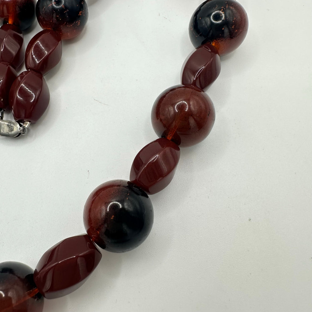Handmade black brown heavy speckled glass beads beaded sterling clasp necklace