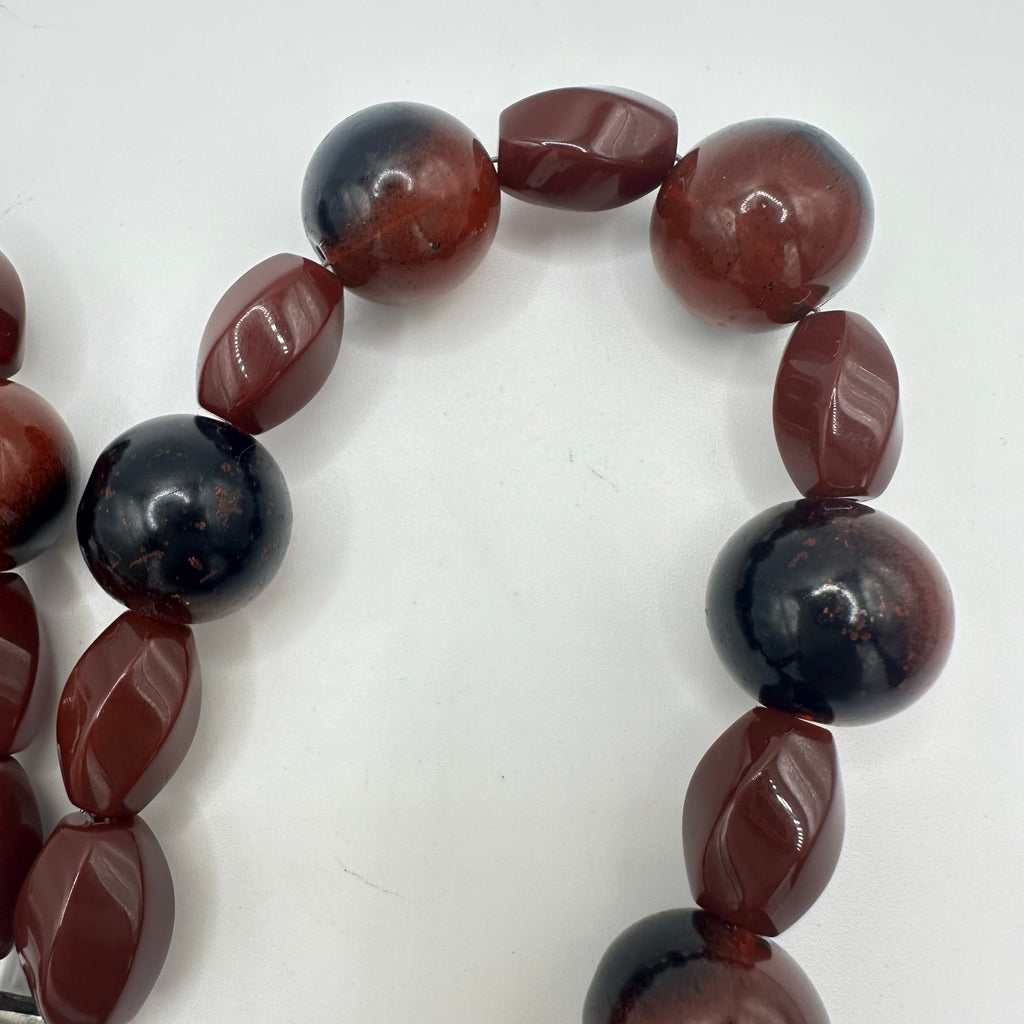 Handmade black brown heavy speckled glass beads beaded sterling clasp necklace