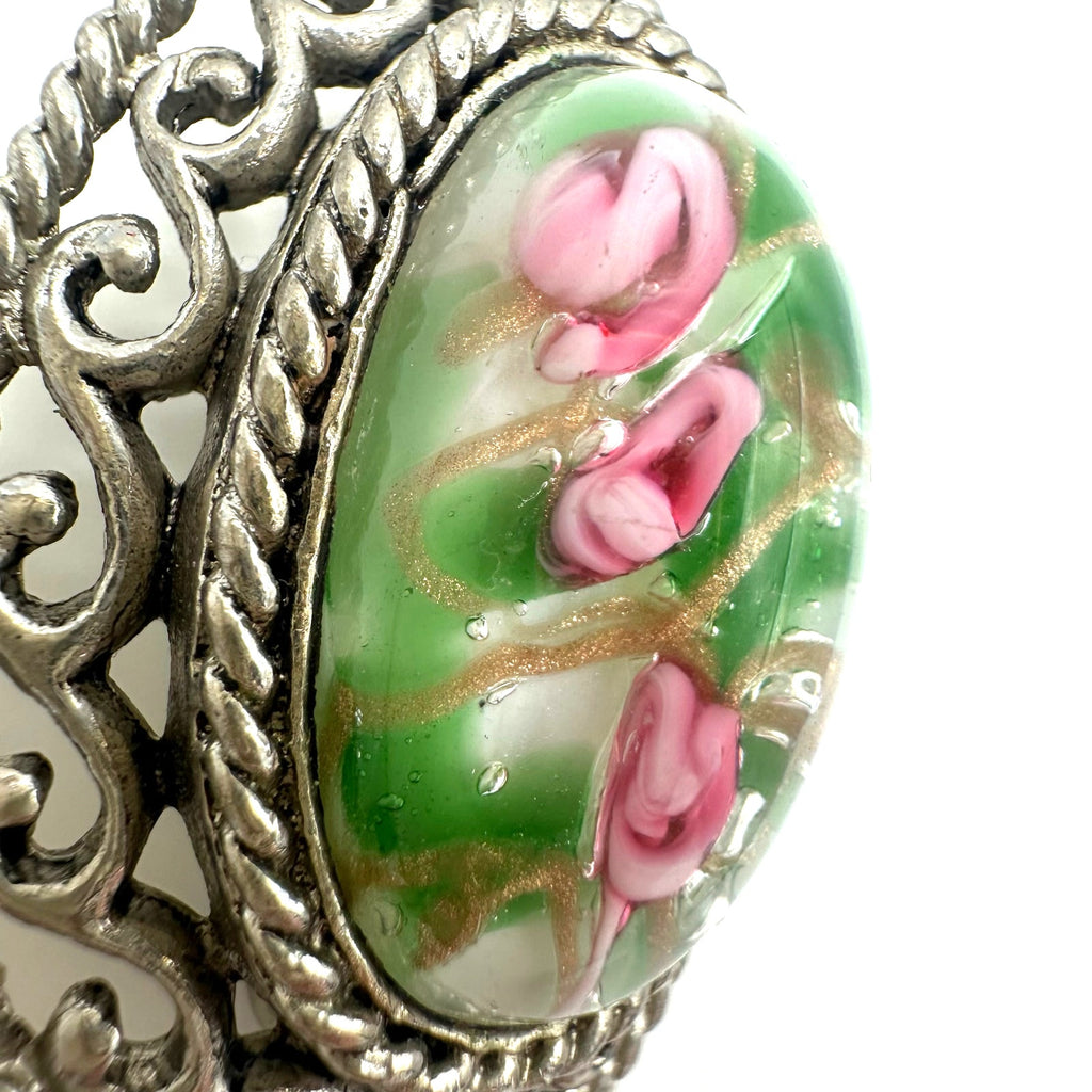 Vintage silver tone Murano pink green blown art glass cabochon oval brooch pin