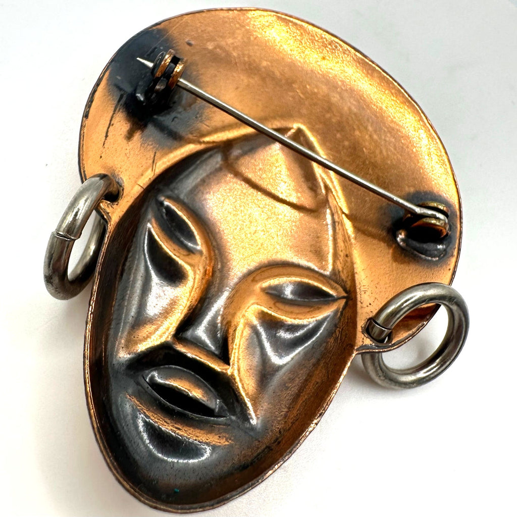 Vintage Elzac style solid copper gold silver tone tribal face figural brooch