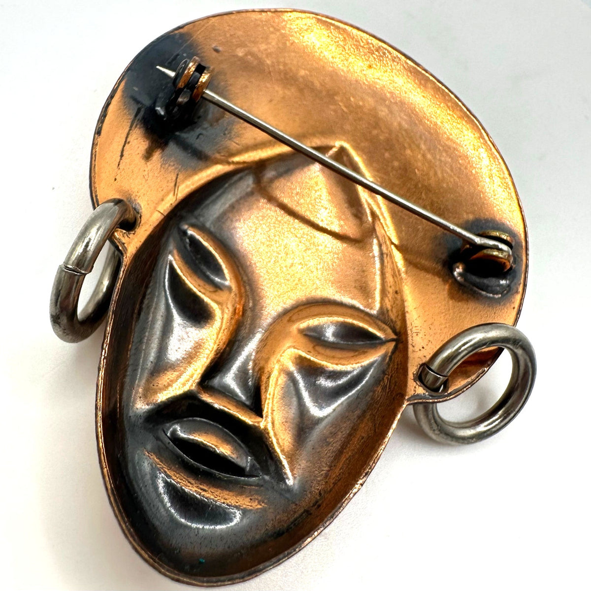Vintage Elzac style solid copper gold silver tone tribal face figural brooch