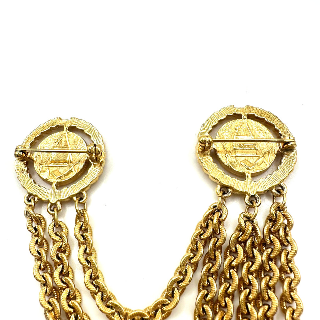 Monet 1980s vintage gold plated double 2 cameo Roman coins chains swag brooch