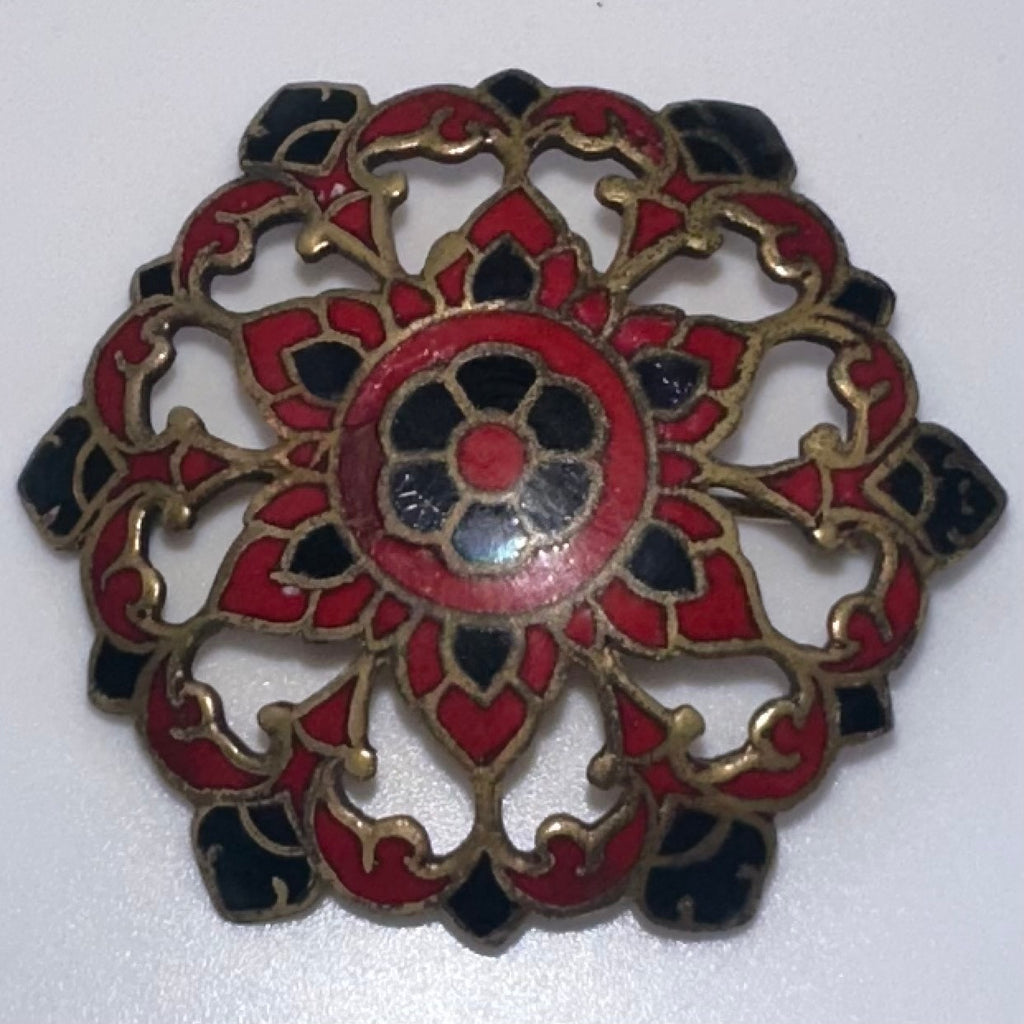 Antique 1890s Victorian French red black champlevé enamel openwork brass brooch