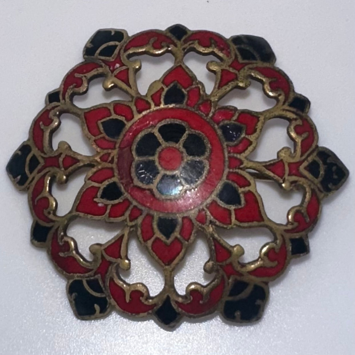Antique 1890s Victorian French red black champlevé enamel openwork brass brooch