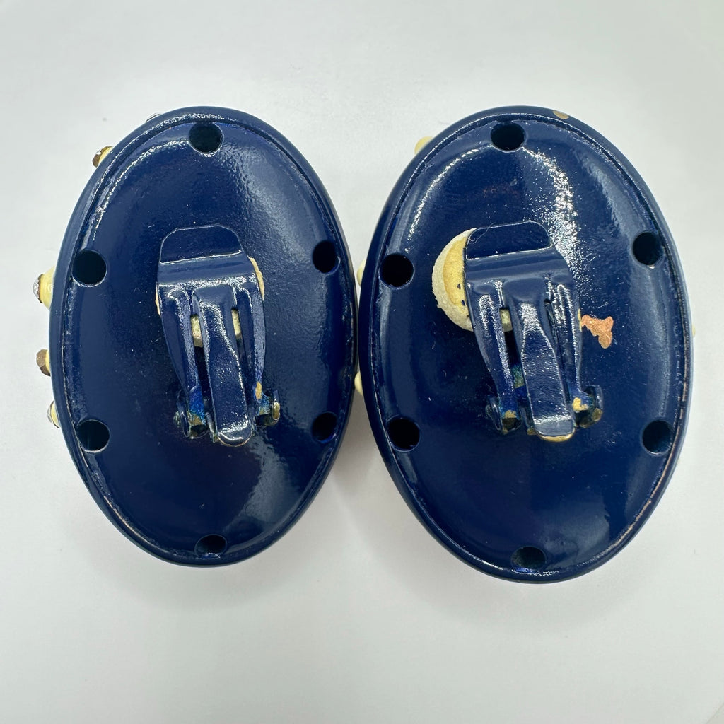 1980s vintage navy blue enamel cream rhinestones statement clip on earrings