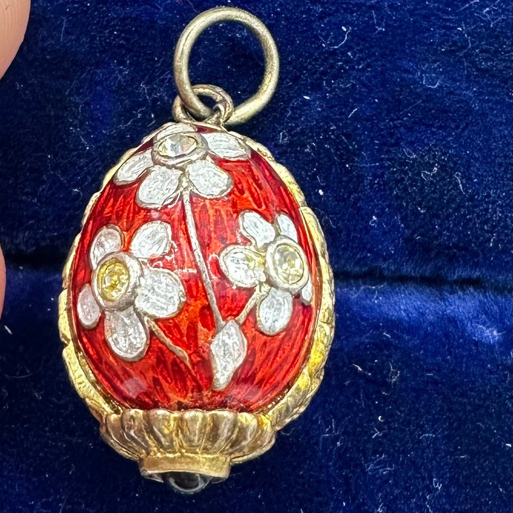 Vintage gilt sterling silver red floral garnet enamel rhinestones egg pendant