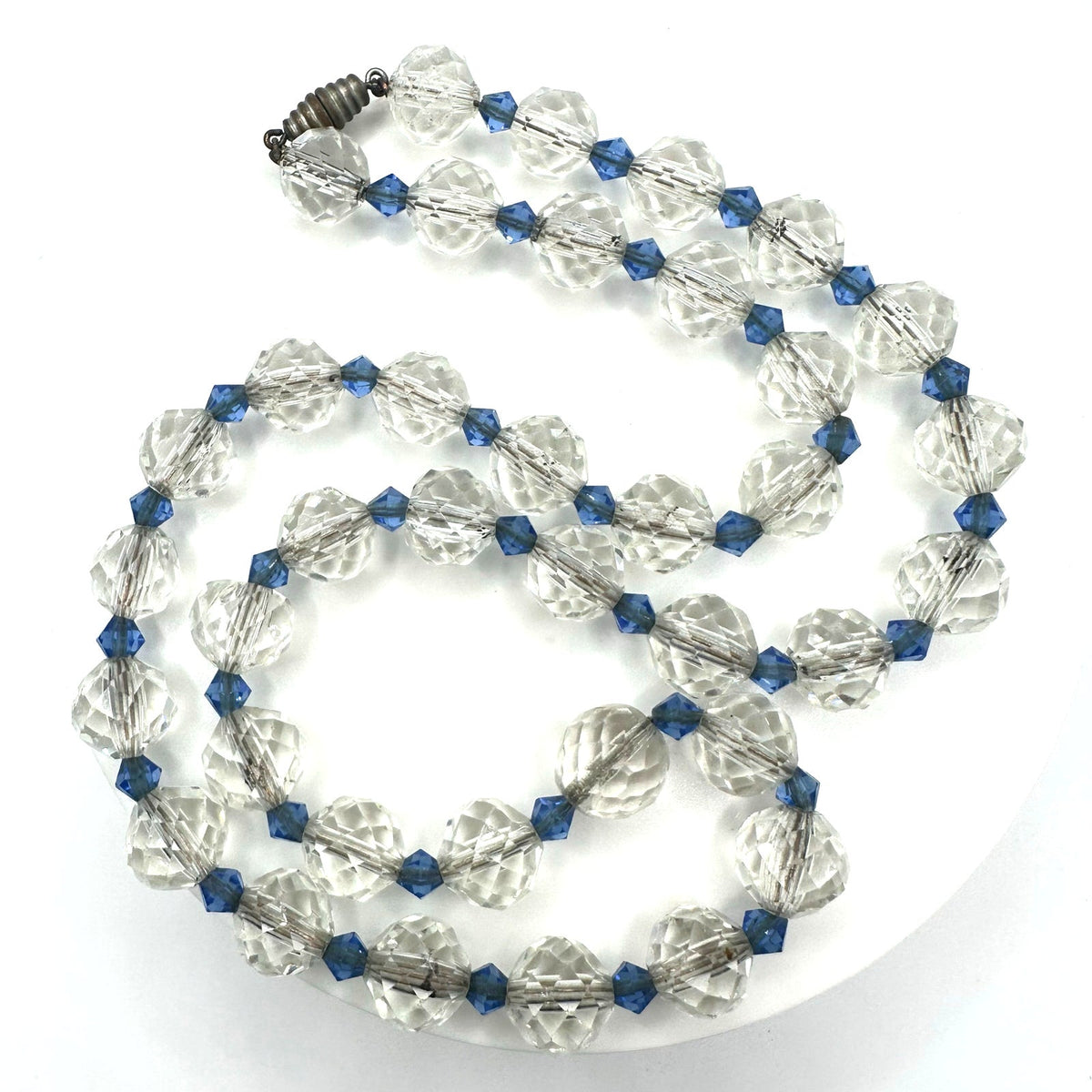 Antique Art Deco 1920s 1930s clear blue faceted Czech glass beads 22" necklace
