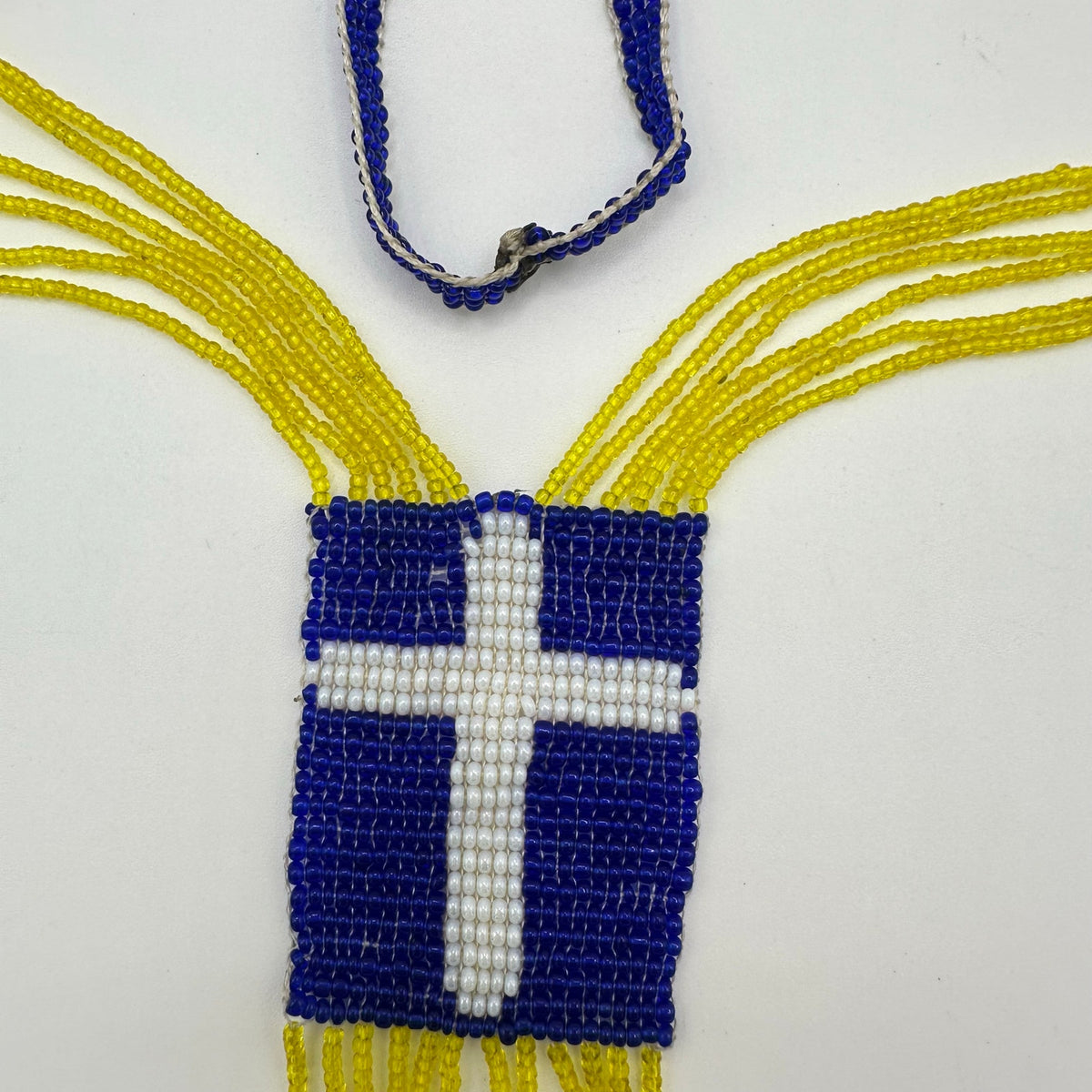 Antique Art Deco 1920s handmade yellow blue glass beaded crosses tassel necklace