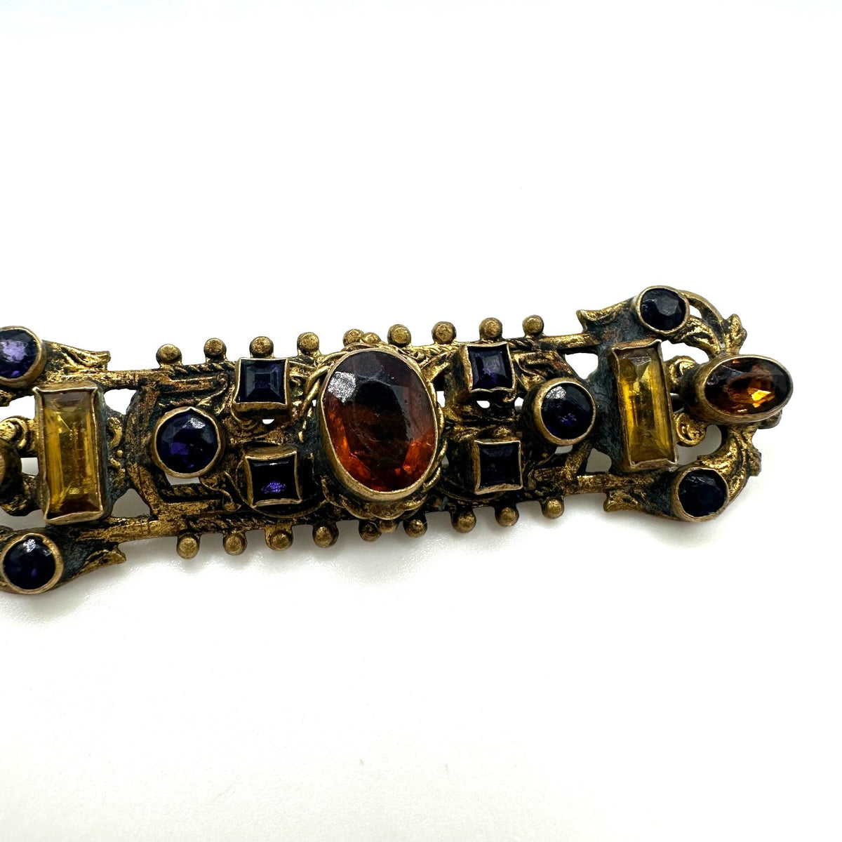 Antique 1800s gold gilt multicolor glass gems Etruscan Revival bar pin brooch