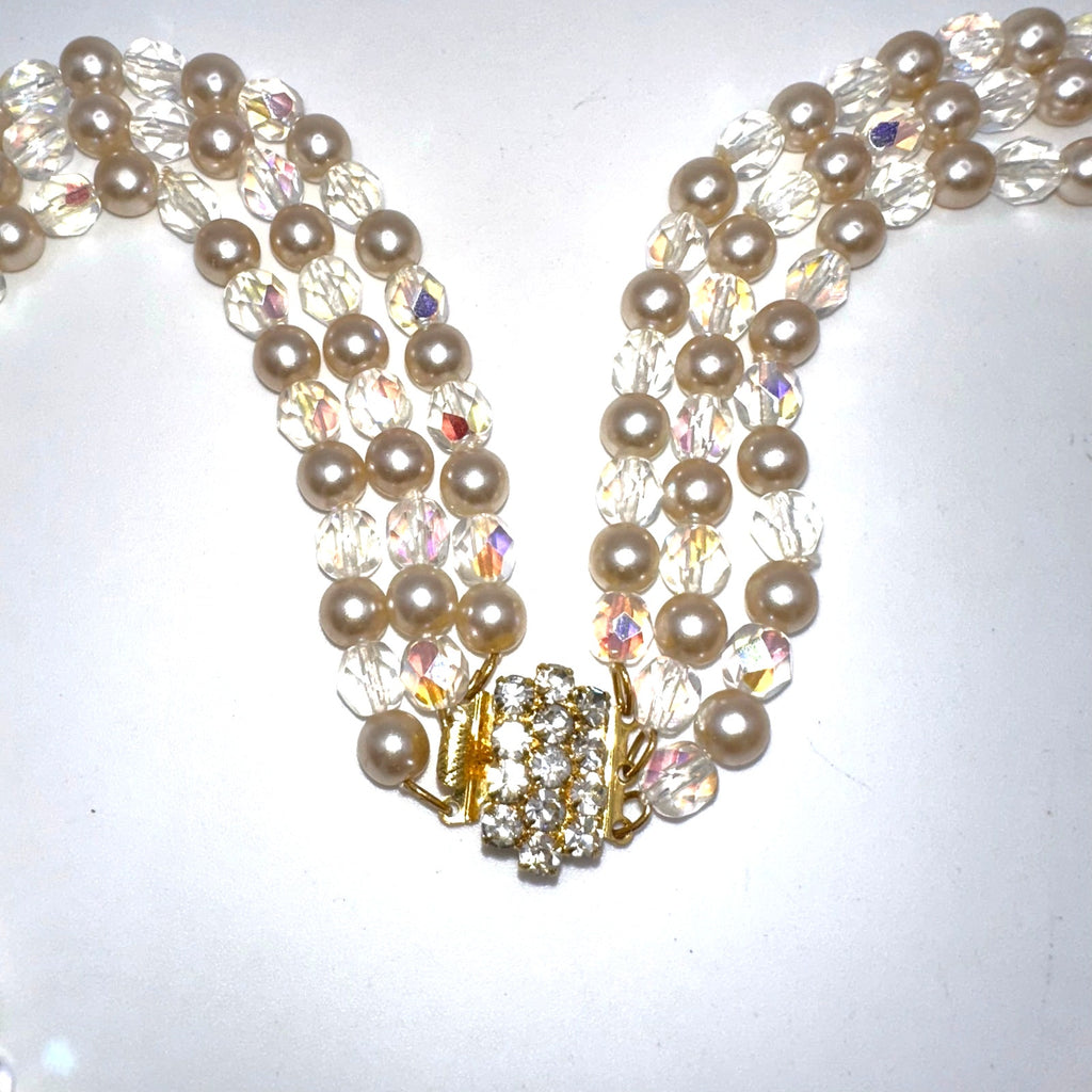 Vintage 3 multi strand AB aurora borealis glass pearls beaded necklace