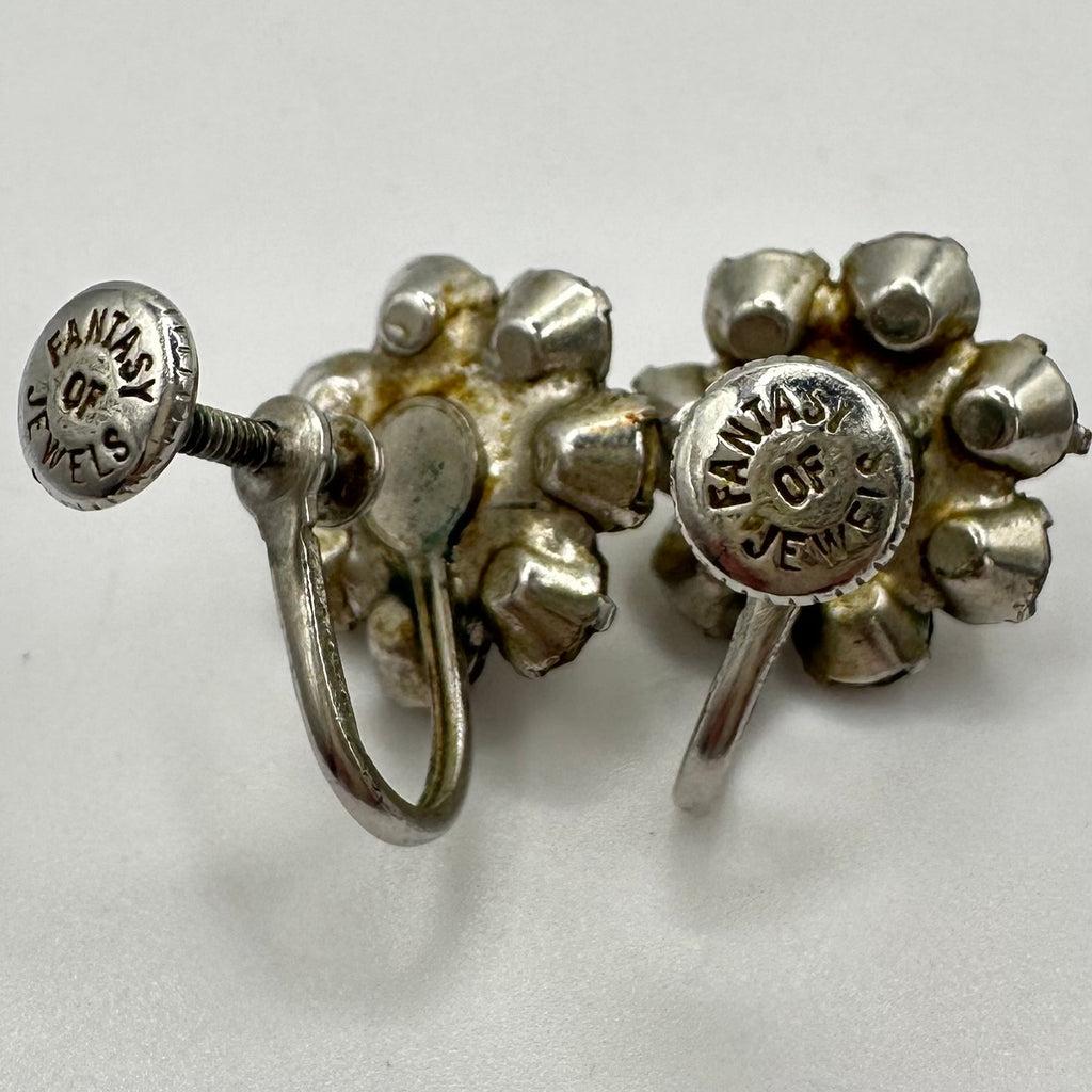 Fantasy of Jewels 1940s silver tone rhinestones faux pearls screw back earrings