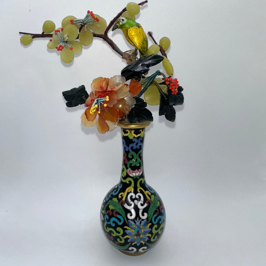 Vintage Chinese cloisonné enamel vase guilloche bird semiprecious flowers tree