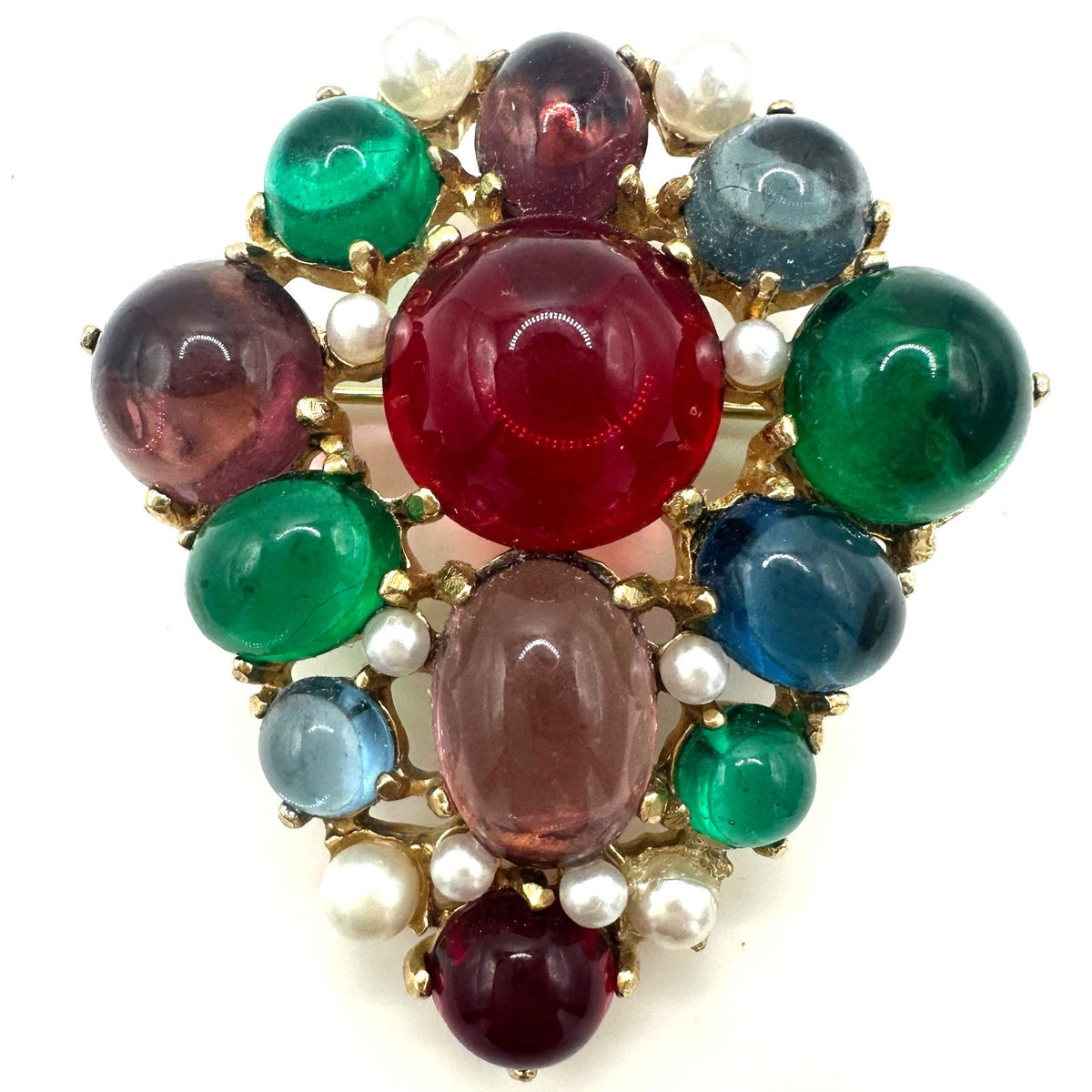 Vintage gold tone multicolor Moghul style glass cabochons pearls brooch pendant