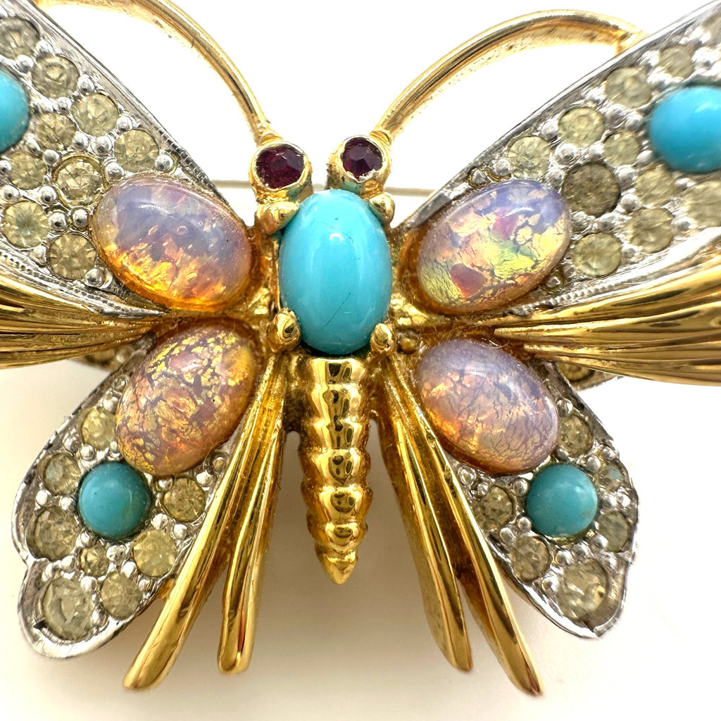 Jomaz vintage gold tone clear rhinestones art glass cabochons butterfly brooch