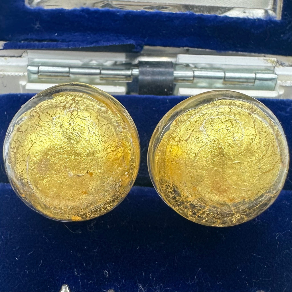 Vintage gold tone hand blown crackled clear Murano art glass clip on earrings