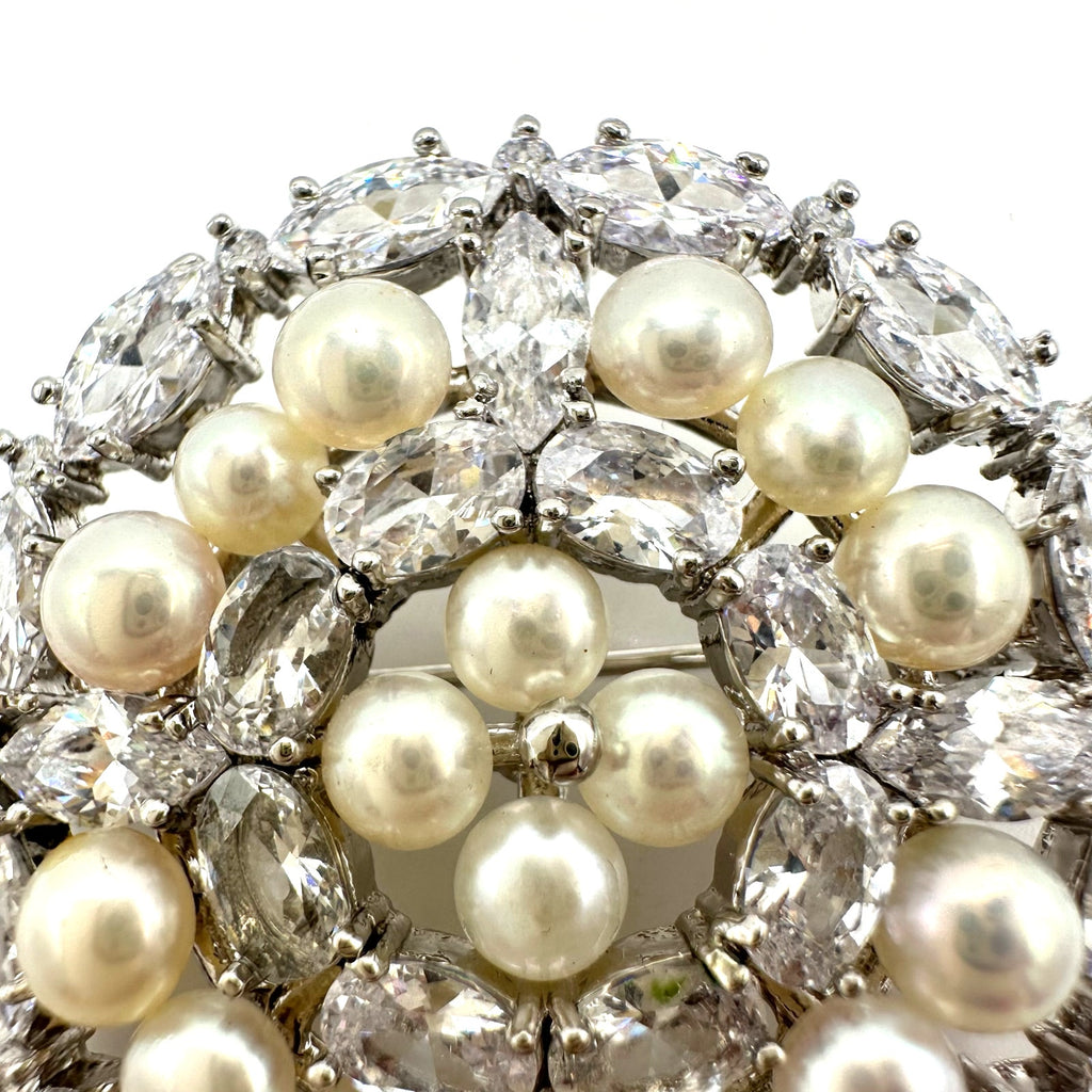 High end silver tone clear cubic zirconia CZs freshwater pearls brooch pendant