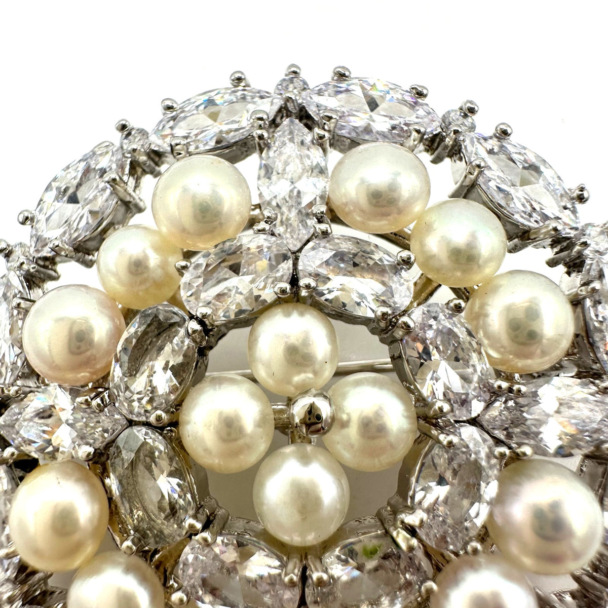 High end silver tone clear cubic zirconia CZs freshwater pearls brooch pendant