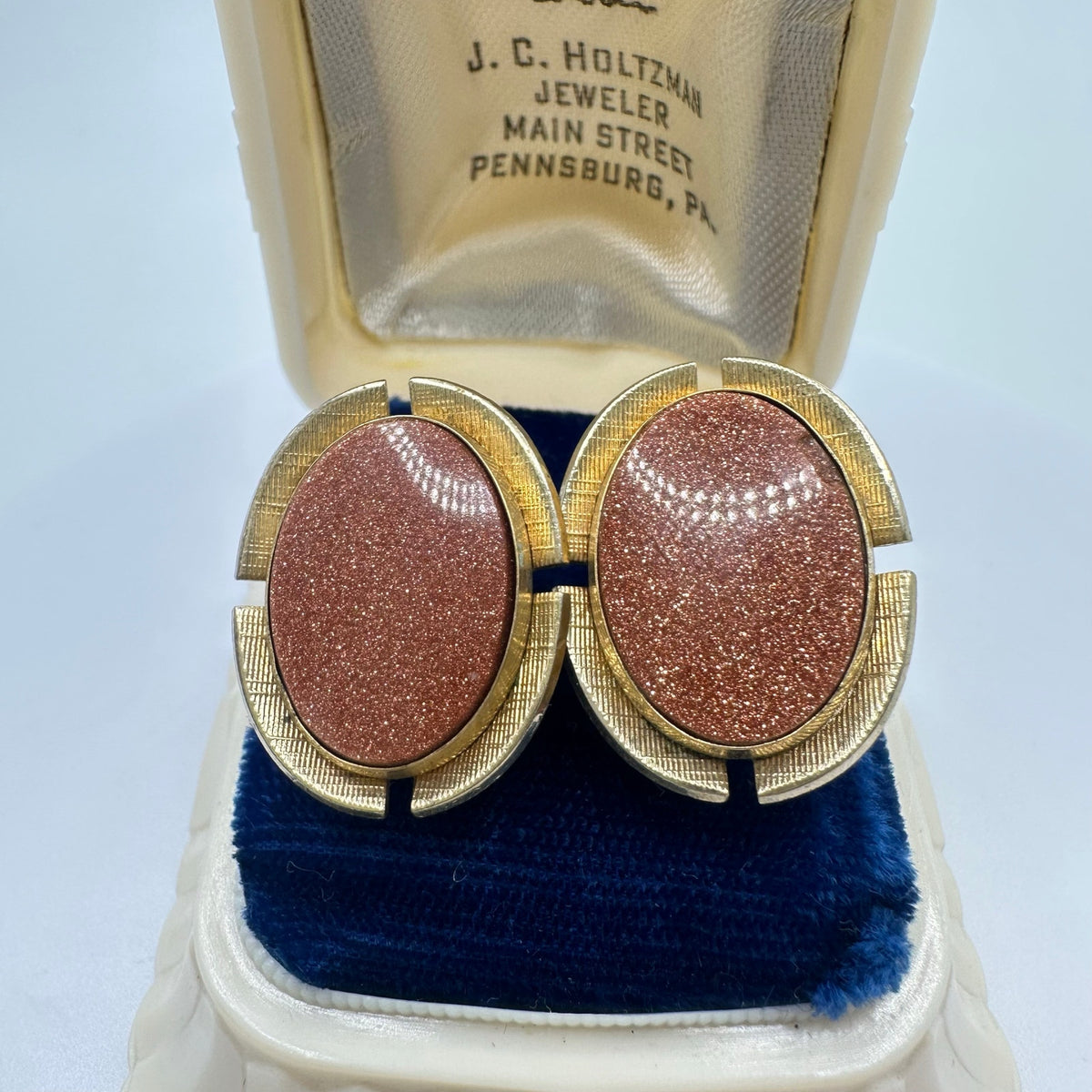 Anson vintage gold plated oval brown glittering goldstone sunstone cufflinks