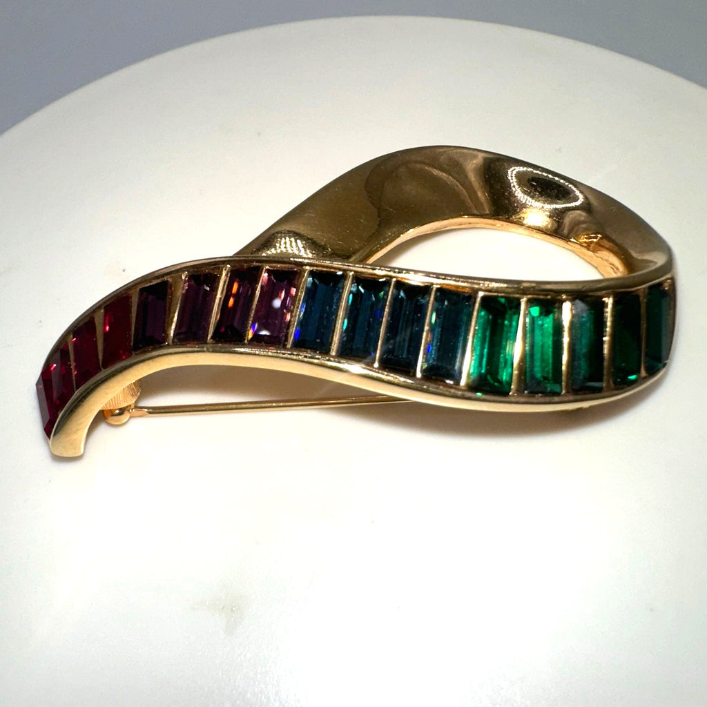 Swarovski Swan signed vintage gold tone rainbow baguettes rhinestones brooch