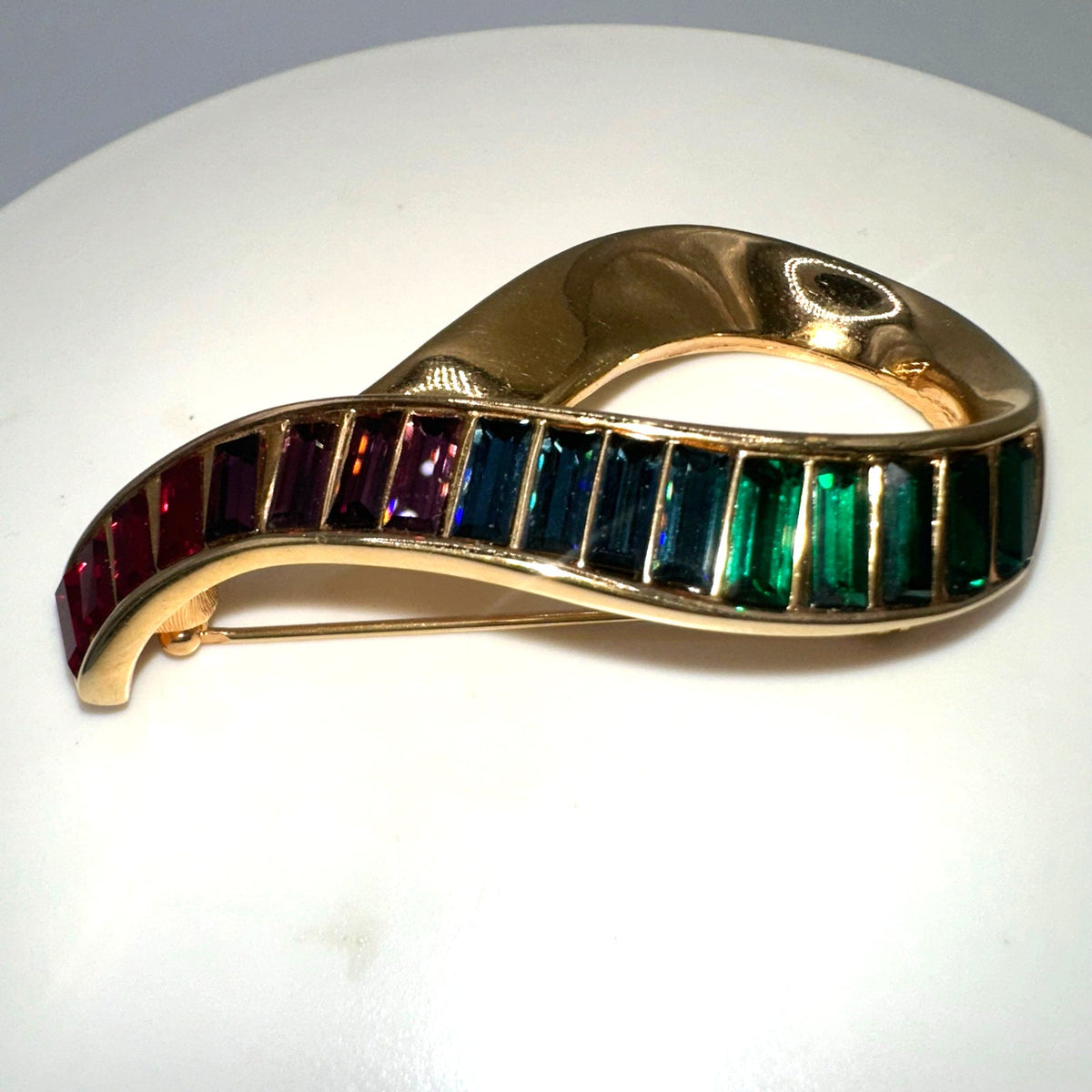 Swarovski Swan signed vintage gold tone rainbow baguettes rhinestones brooch