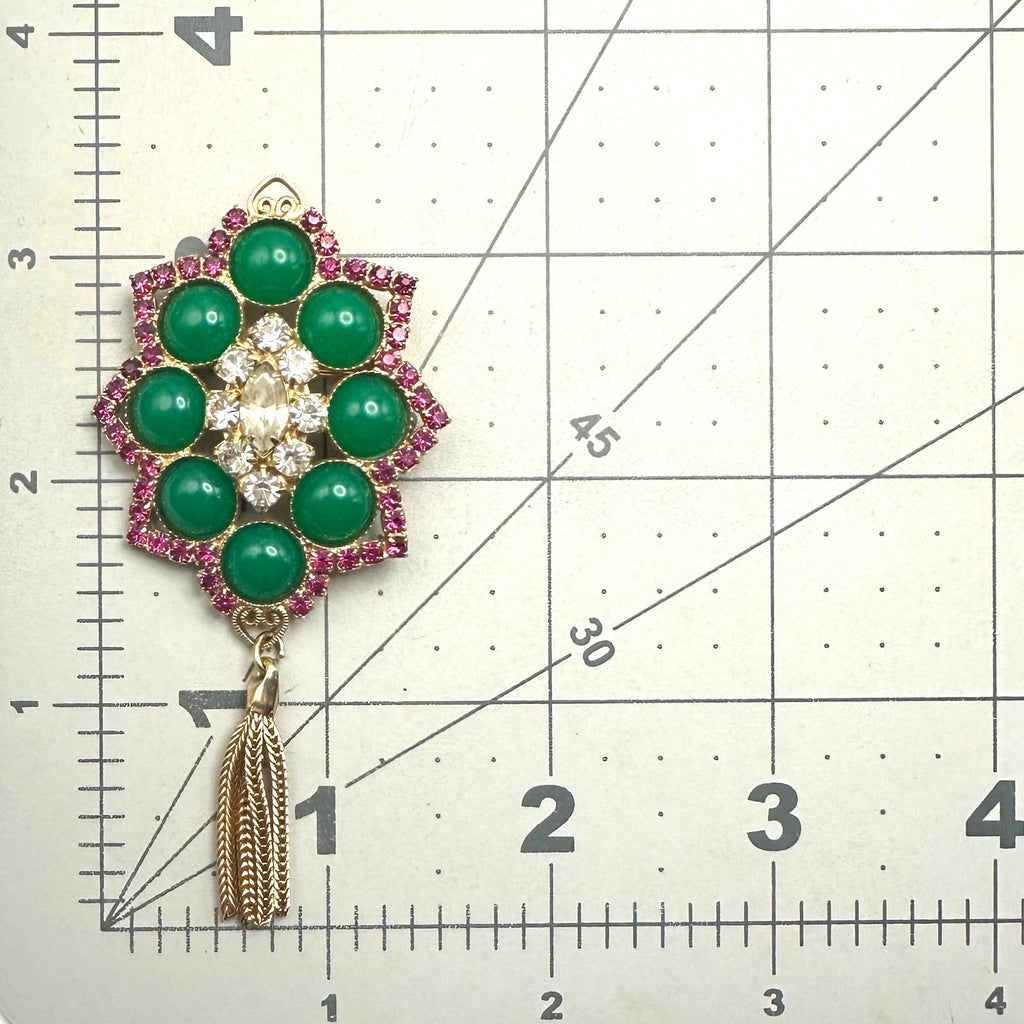 Juliana gold tone pink clear rhinestones green cabochons chains fringe brooch