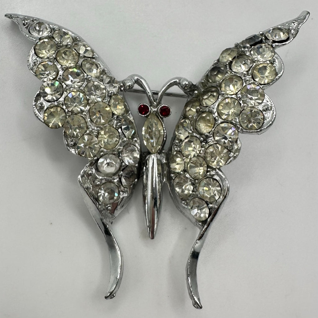 Vintage 1940s silver tone rhodium plated clear red rhinestones butterfly brooch