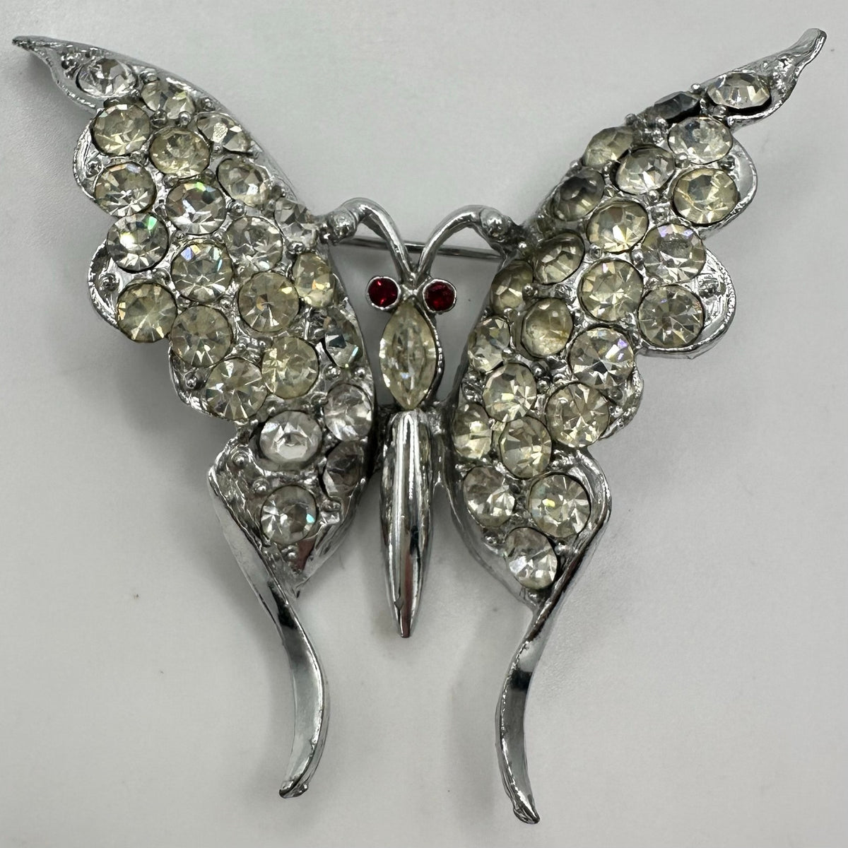 Vintage 1940s silver tone rhodium plated clear red rhinestones butterfly brooch