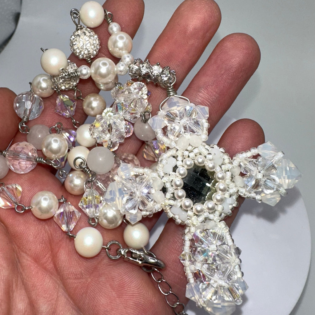 Handmade clear AB white opalite glass faux pearls cross beads beaded necklace