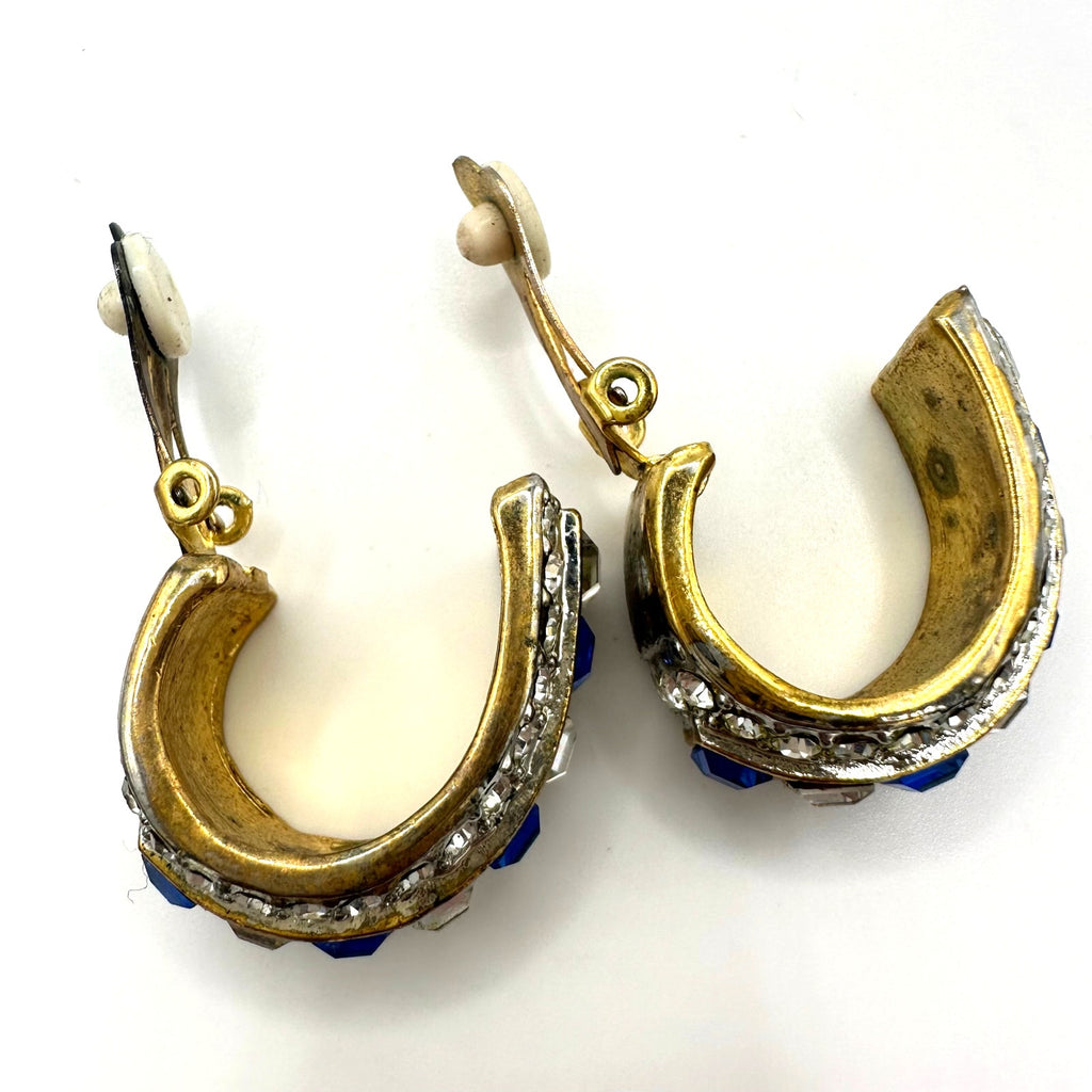 Vintage gold tone blue clear rhinestones hoops statement clip on earrings