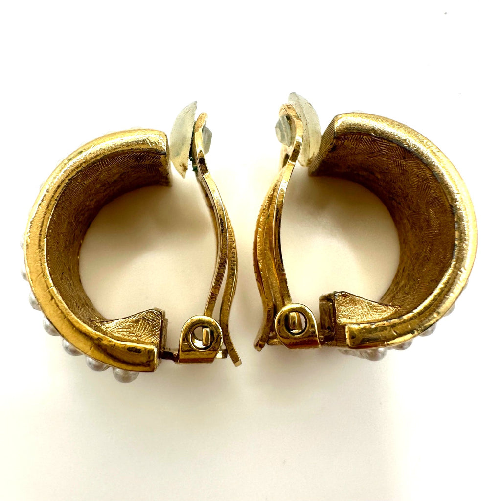 Givenchy vintage 80s 90s gold plated faux pearl half hoop hoops clip on earrings