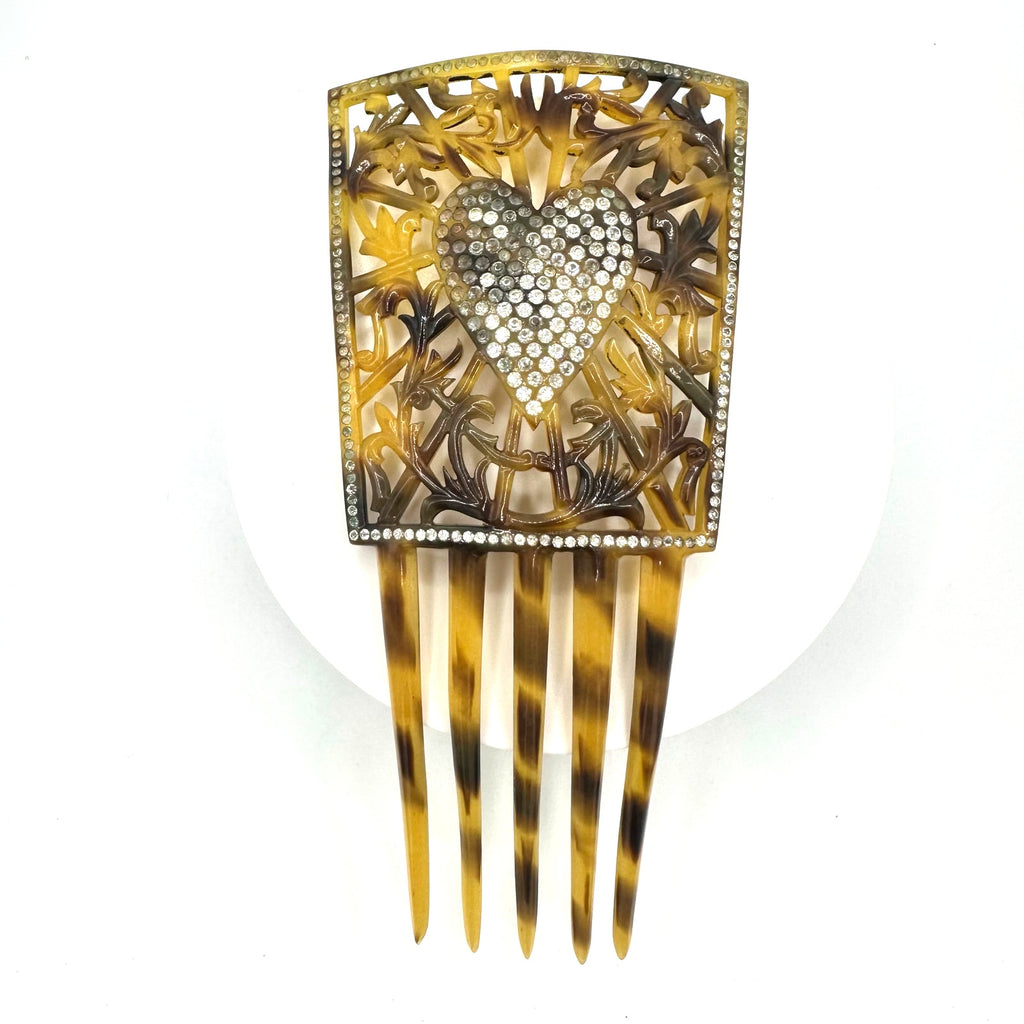 Antique Art Deco faux tortoiseshell celluloid rhinestones heart floral hair comb