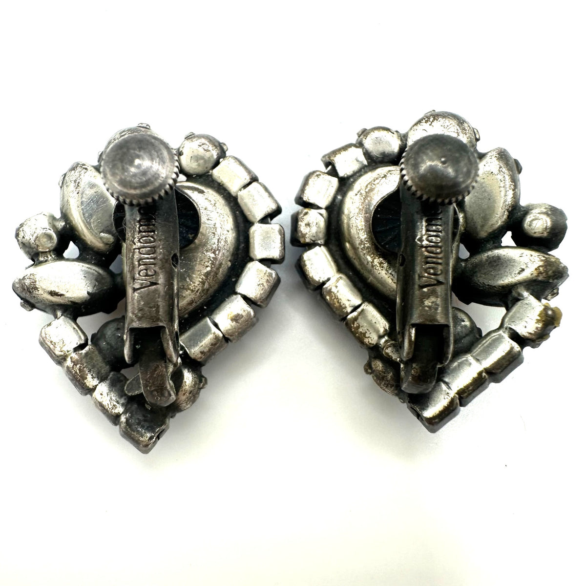 Vendome silver tone aurora borealis AB blue orange rhinestones clip on earrings