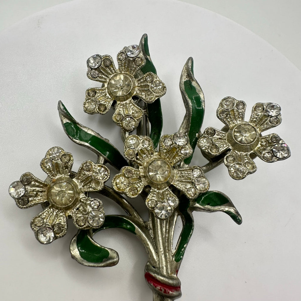 Staret vintage 1930s 1940s silver tone enamel clear rhinestones floral brooch