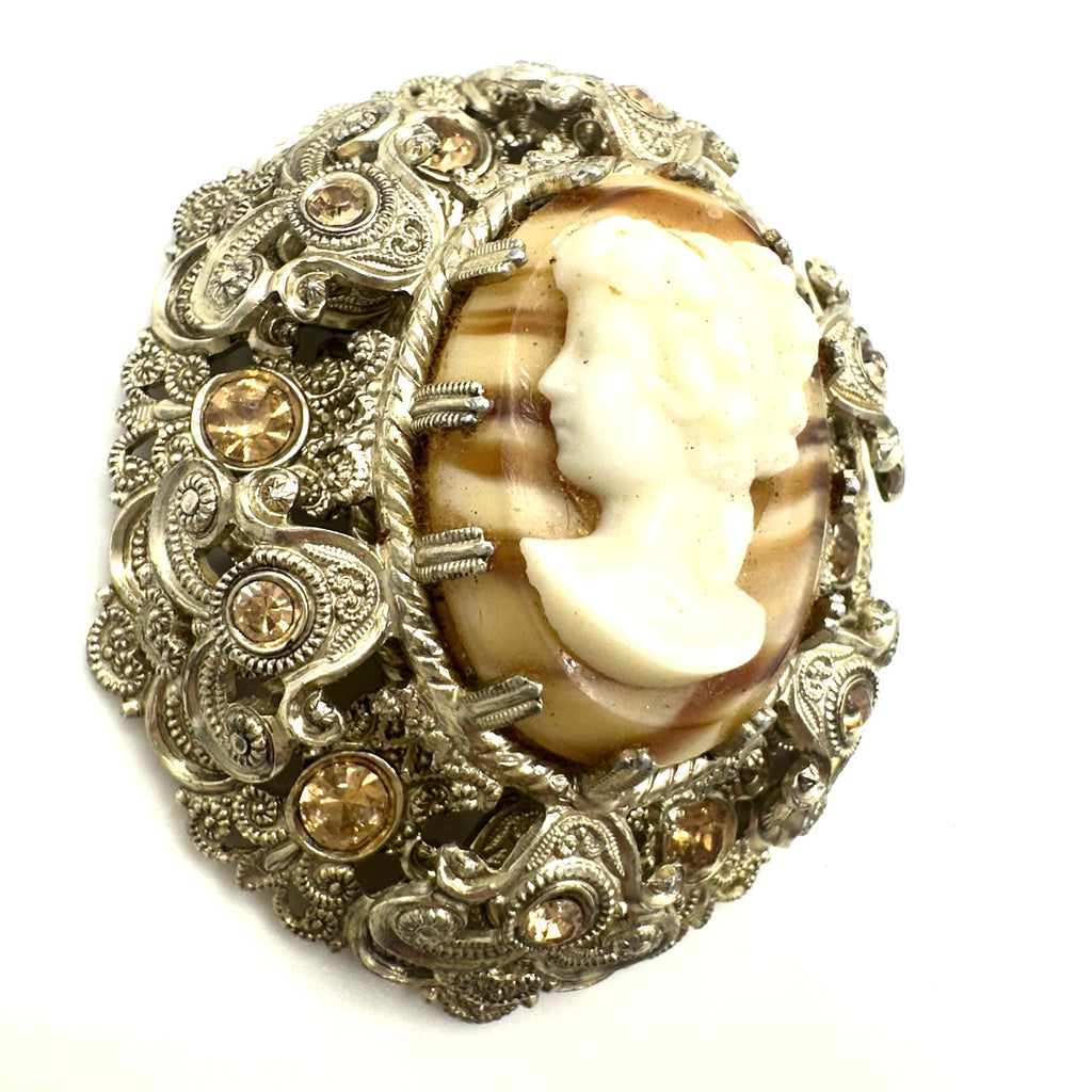 West Germany 1950s gold tone art glass agate cameo rhinestones filigree brooch