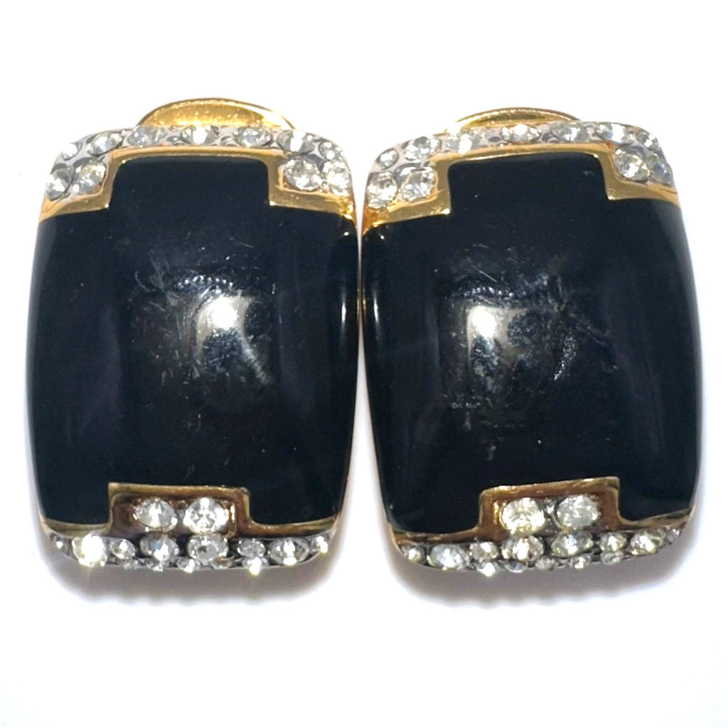 Alfred Sung vintage gold tone clear rhinestones black enamel clip on earrings