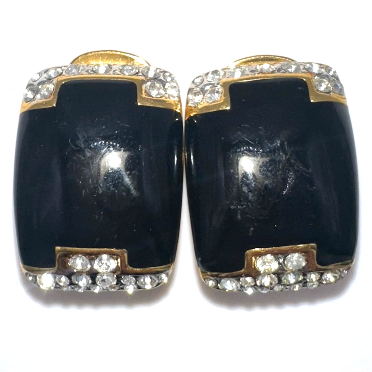 Alfred Sung vintage gold tone clear rhinestones black enamel clip on earrings