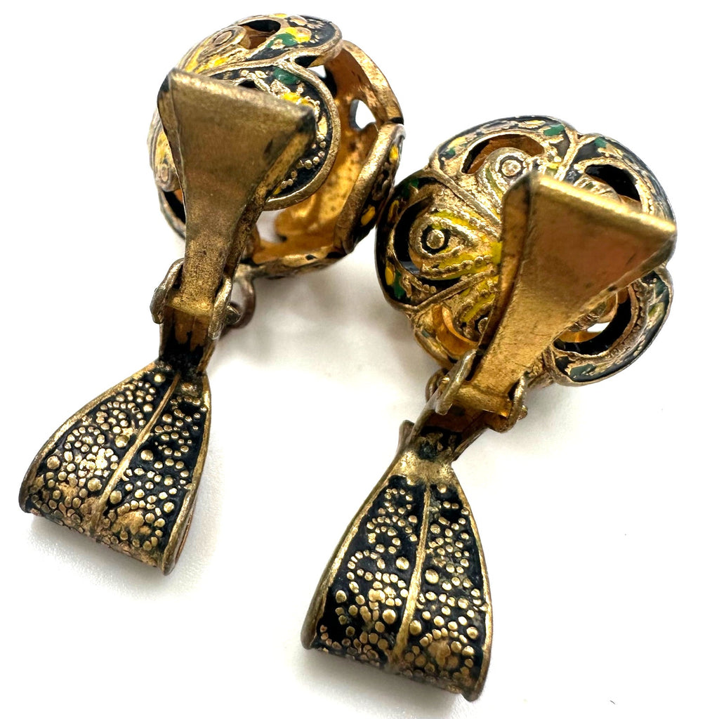 Vintage Spanish Damascene gold tone green black enamel clip on ball earrings