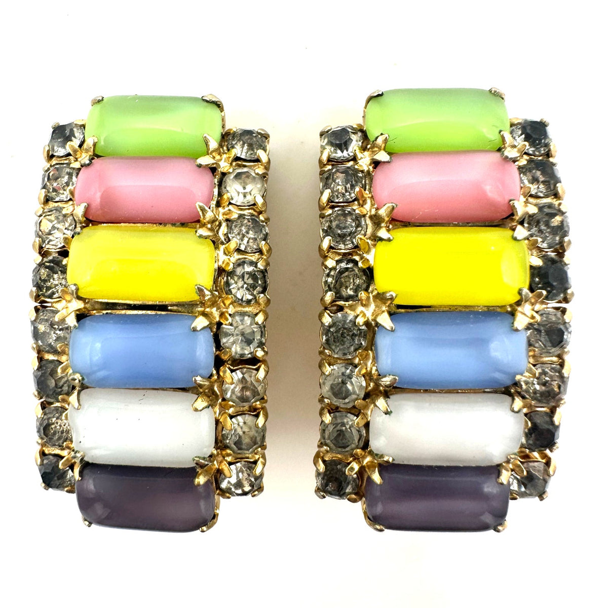 Vintage gold tone multicolor satin glass cabochons rhinestones clip on earrings