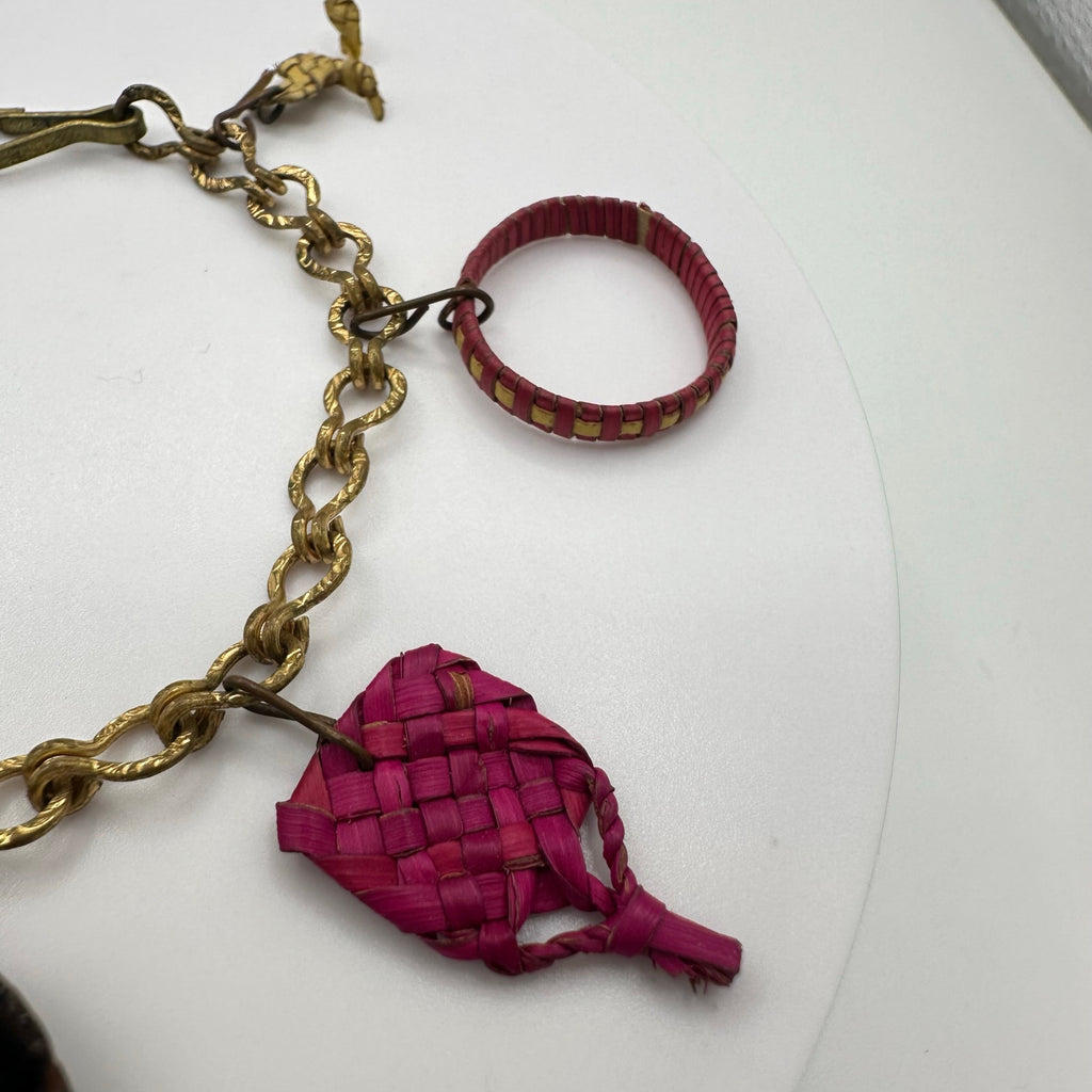 Antique vintage gold gilt handmade woven straw hand painted charms bracelet