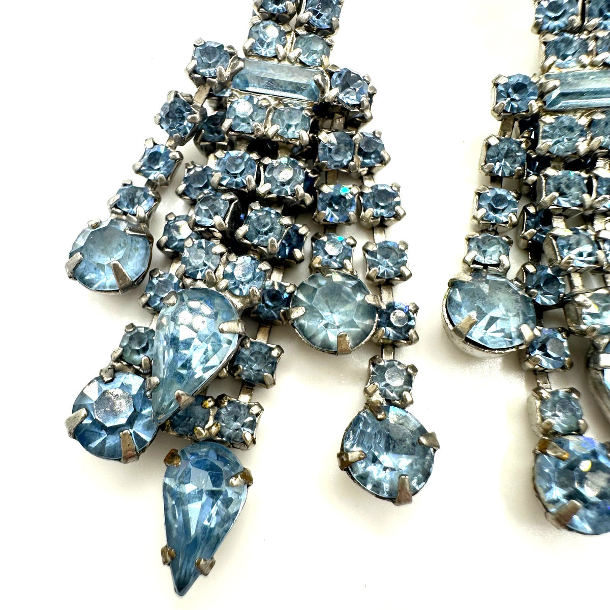 Vintage silver tone light blue clear rhinestones drop fringe clip on earrings