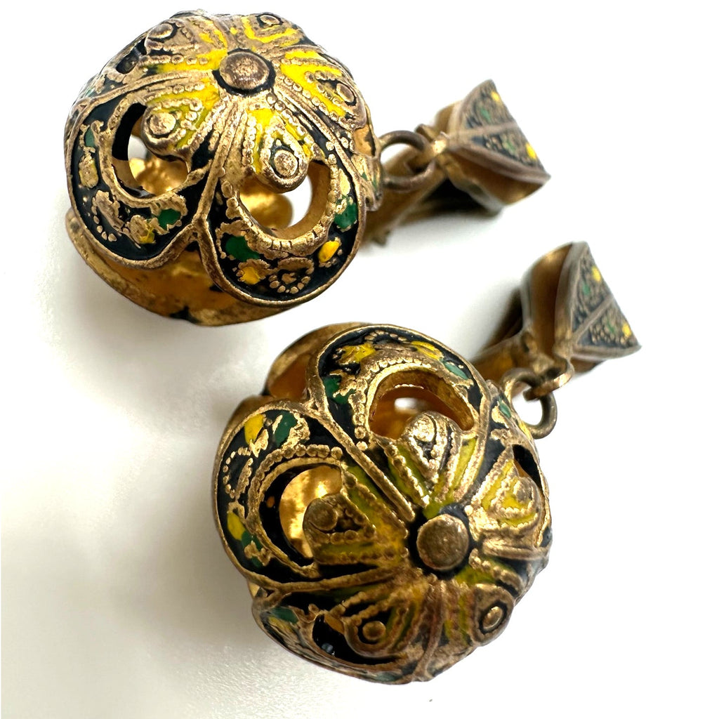 Vintage Spanish Damascene gold tone green black enamel clip on ball earrings