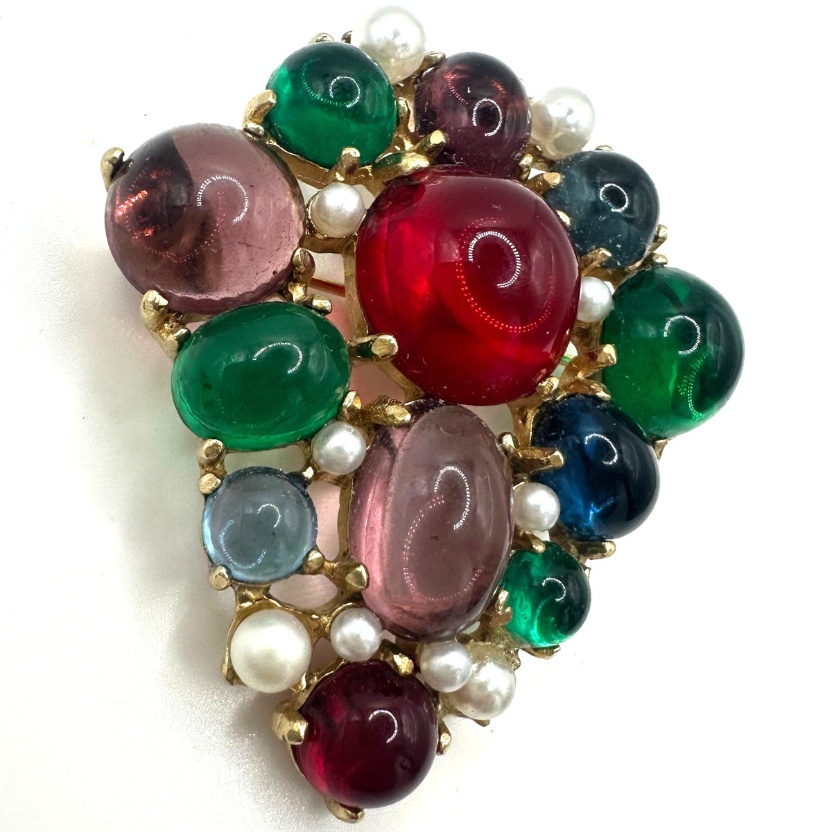 Vintage gold tone multicolor Moghul style glass cabochons pearls brooch pendant