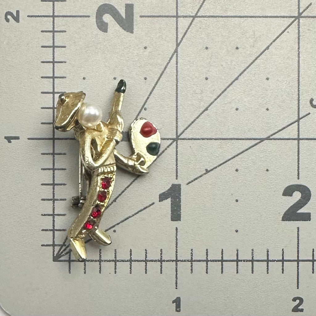 1940s vintage retro gold plated artist painter rhinestones figural brooch pin