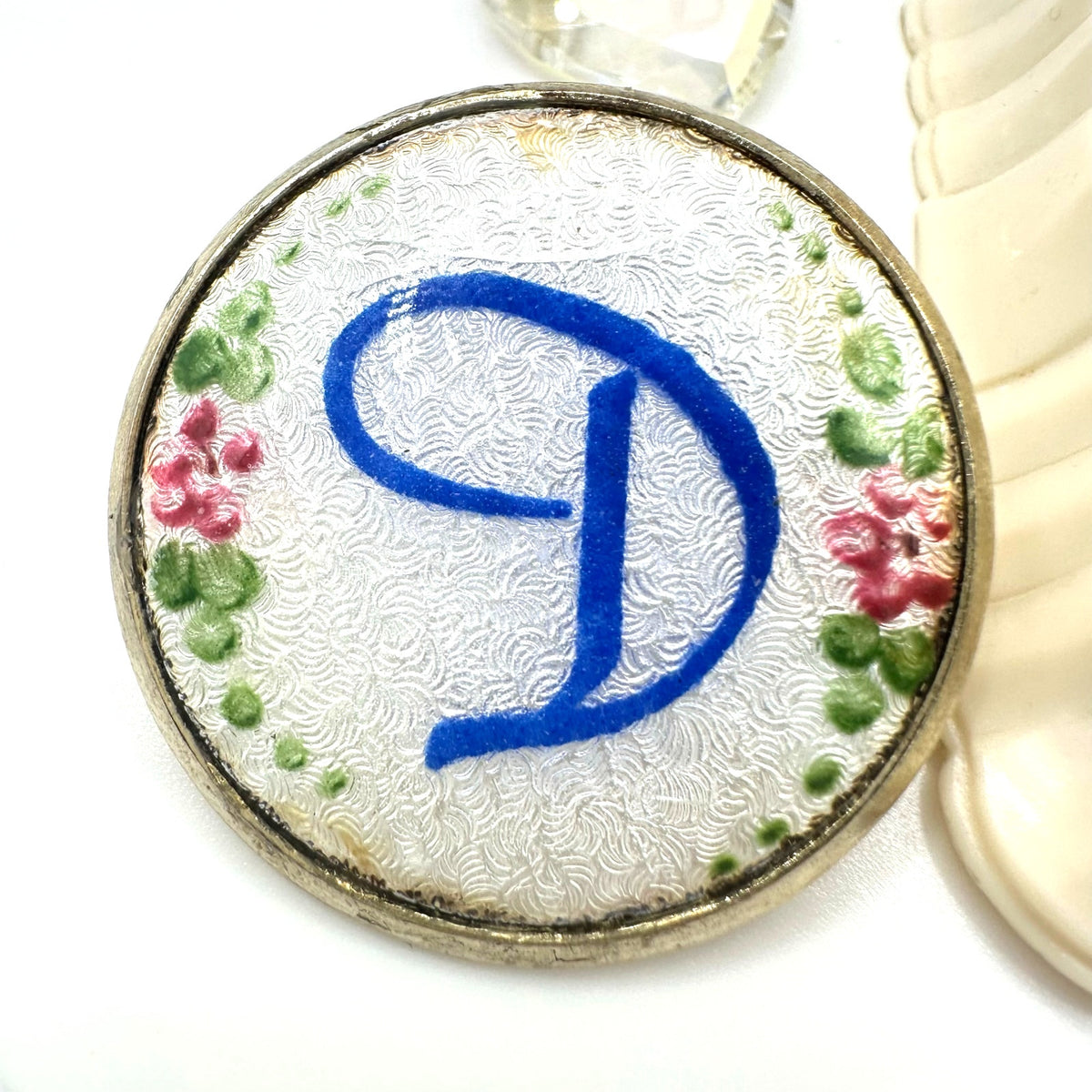 Bundle lot 3 vintage D initial guilloche enamel brooch earrings crystal pendant