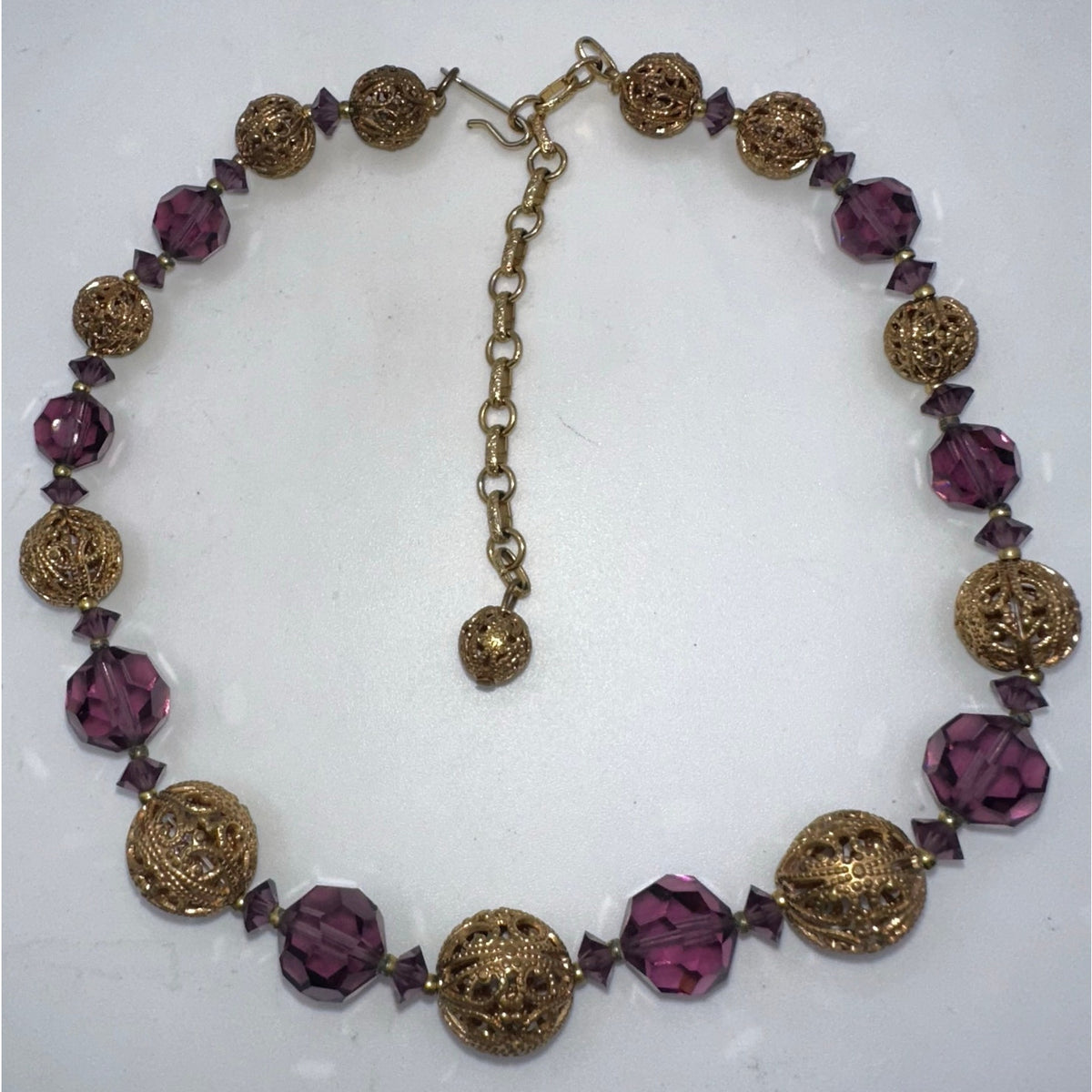 1950s vintage purple glass beads gold tone filigree graduated necklace