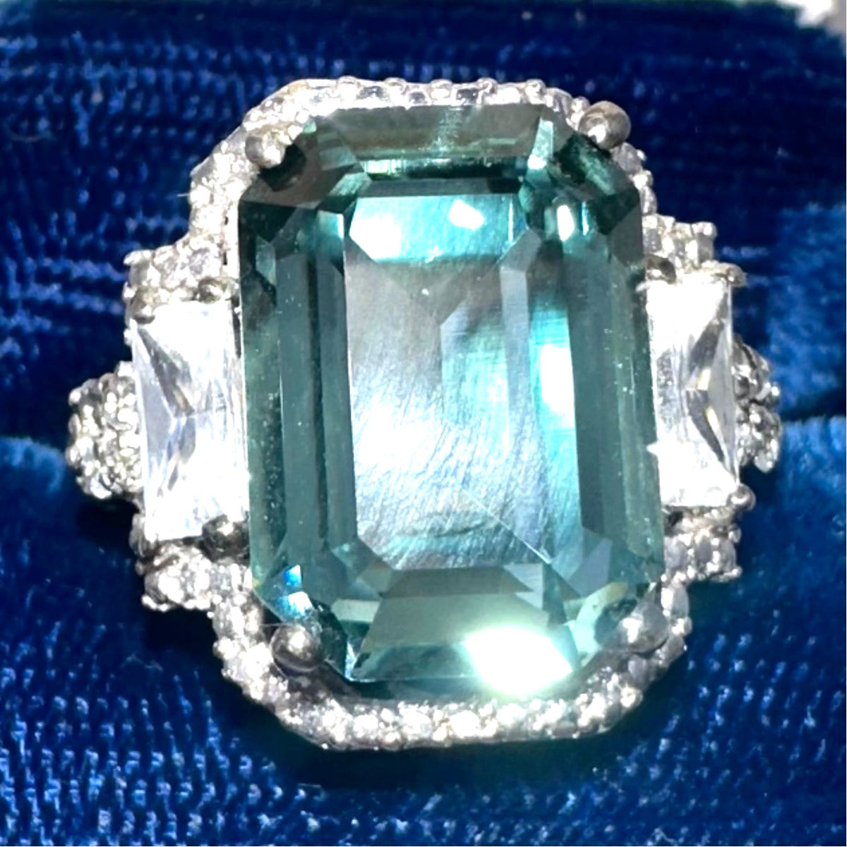 Karis silver tone stainless steel dusty aqua blue clear CZs ring 6.25