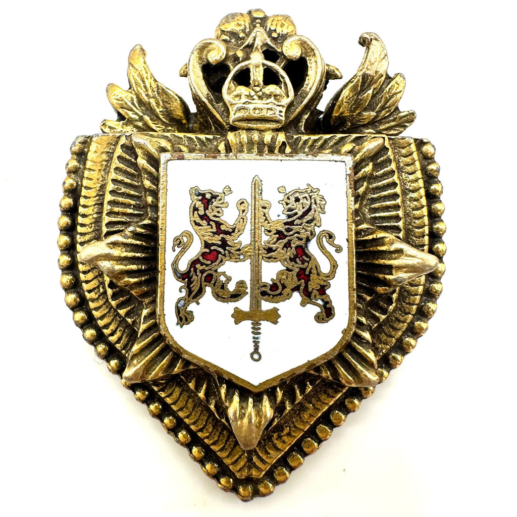 Vintage gold tone Heraldic white red enamel crest shield lion sword crown brooch