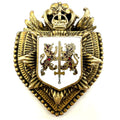 Vintage gold tone Heraldic white red enamel crest shield lion sword crown brooch